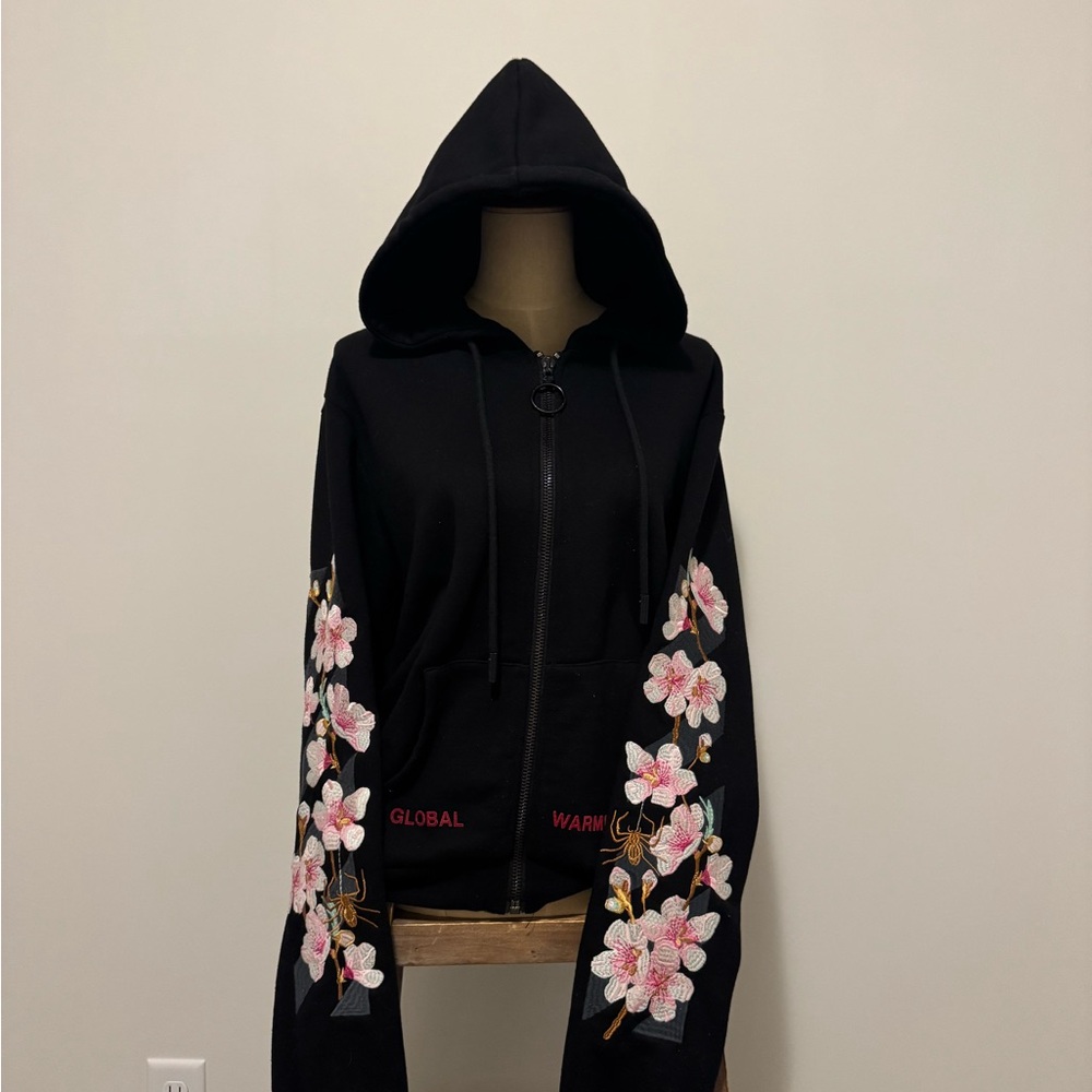 Off-White Black Hoodie with Pink Floral Embroidery